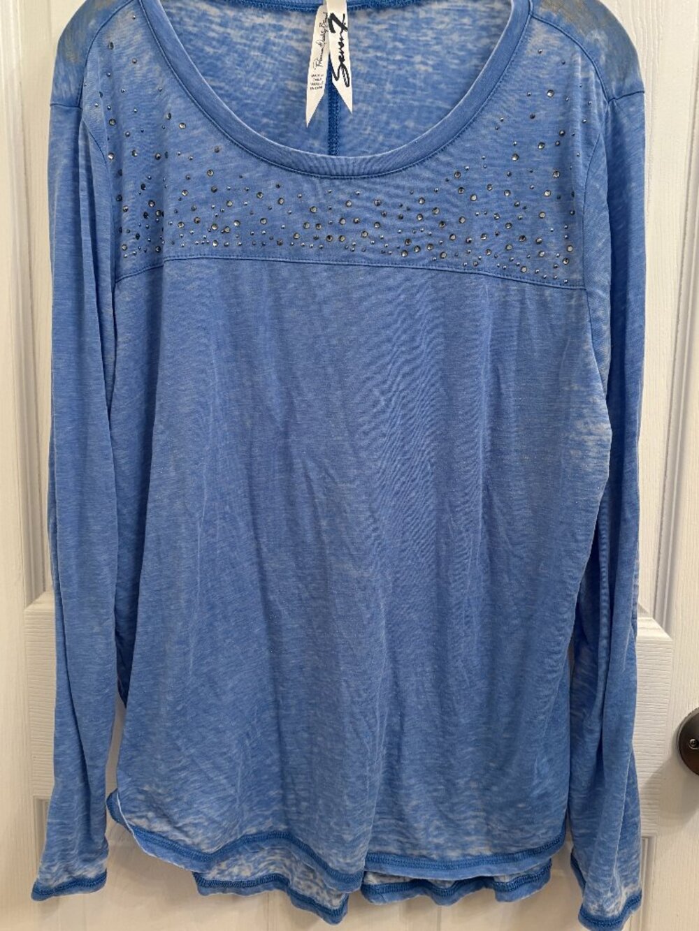 Seven7 Long Sleeve Burnout Blue Embellished Rhinestones Top size XL